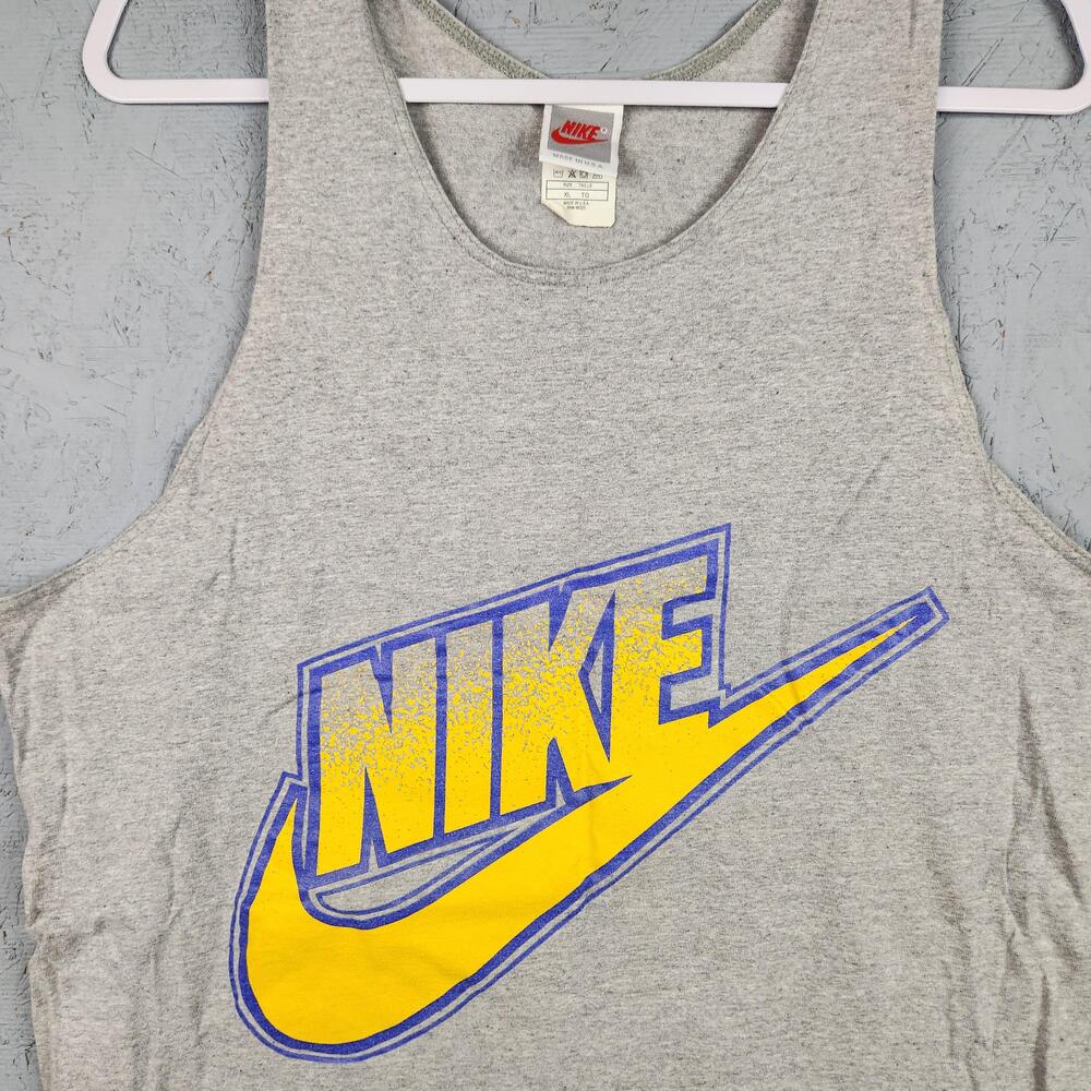 Vintage Nike Tank Top Shirt Mens XL Gray Yellow Swoosh Graphic Made In USA 90s